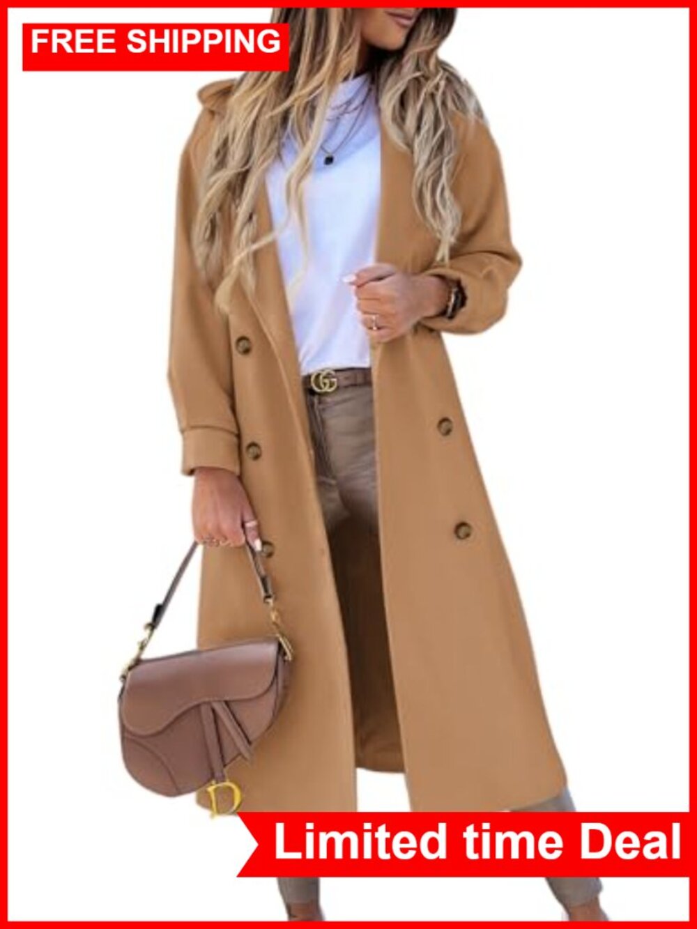 Women's Long Wool Blend Pea Coat Notched Lapel Double Breasted Winter Overcoat